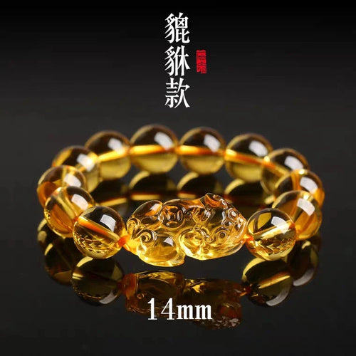 Genuine Natural Yellow Citrine Gemstone Pi Xiu Women Men Bracelet Crystal 10mm 12mm 14mm Round Beads Wealthy Pendant AAAAA